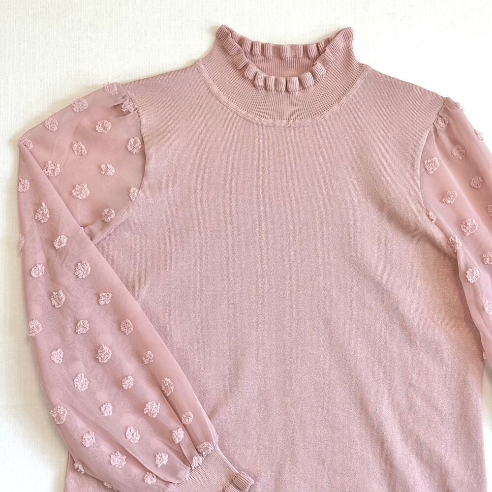 ADRIANNA PAPELL Swiss Dot Sheer Sleeve Sweater Women's Size L Dusty Pink - Picture 3 of 12